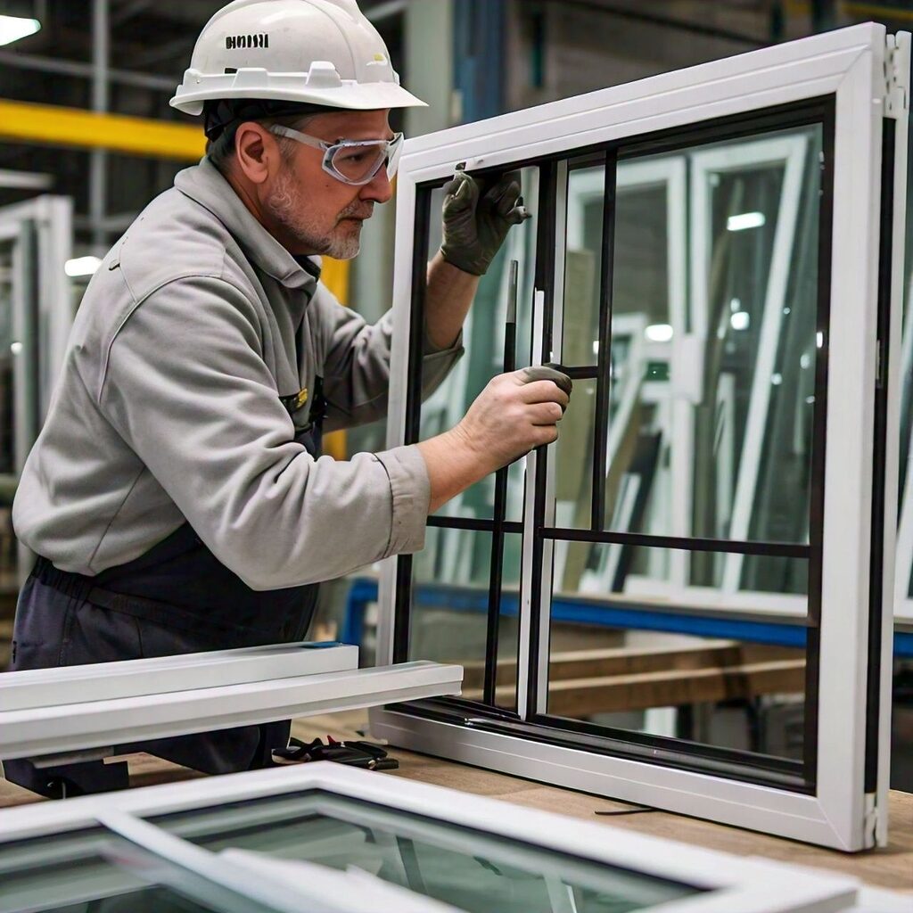 man mounting muntin bars on an aluminum frame window with adhesive tape